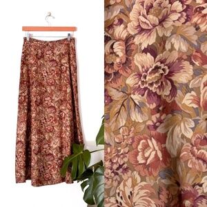 RALPH LAUREN 100% Silk Knit Neutral Floral Print A-Line Skirt Size 6 90s Vibes